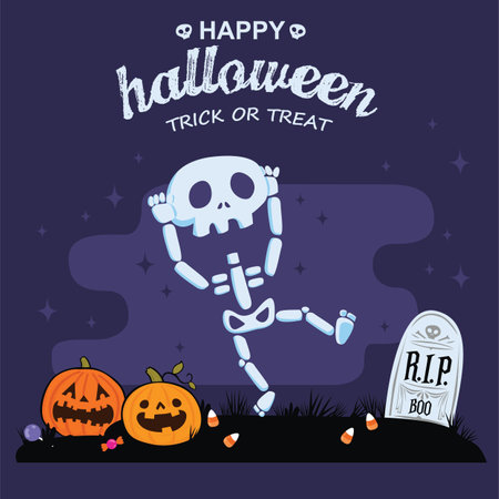 Vintage Halloween poster design with vector skeleton,  jack o lantern character.のイラスト素材