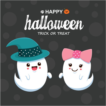 Vintage Halloween poster design with vector ghost, jack o lantern character.のイラスト素材
