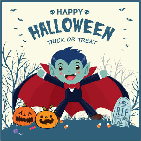 Vintage Halloween poster design with vector vampire character.のイラスト素材
