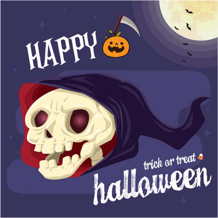 Vintage Halloween poster design with vector reaper,  jack o lantern character.のイラスト素材