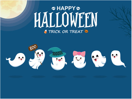Vintage Halloween poster design with vector ghost ,jack o lantern character.のイラスト素材