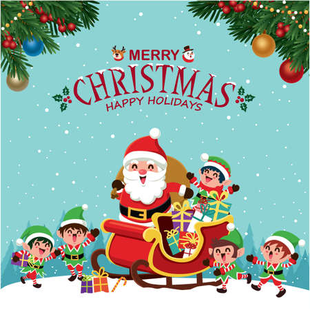 Vintage Christmas poster design with vector tree, Santa Claus, elf characters.のイラスト素材