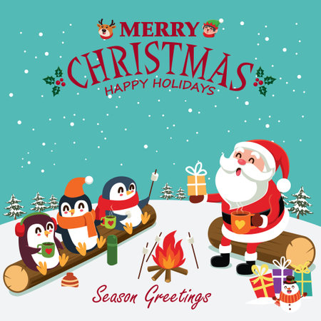Vintage Christmas poster design with vector penguin, Snowman, Santa Claus, elf, reindeer characters.のイラスト素材