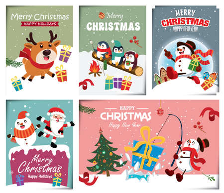 Vintage Christmas poster design with vector snowman, reindeer, penguin, Santa Claus, elf, fox characters.のイラスト素材