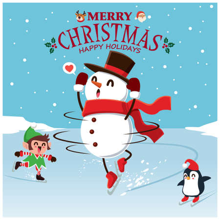 Vintage Christmas poster design with vector snowman, reindeer, penguin, Santa Claus, elf characters.のイラスト素材