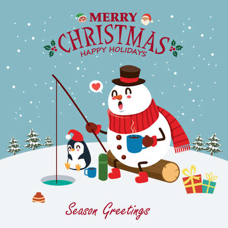 Vintage Christmas poster design with vector Santa Claus, penguin, snowman, elf characters.のイラスト素材