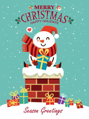 Vintage Christmas poster design with vector Santa Claus, elf, snowman characters.