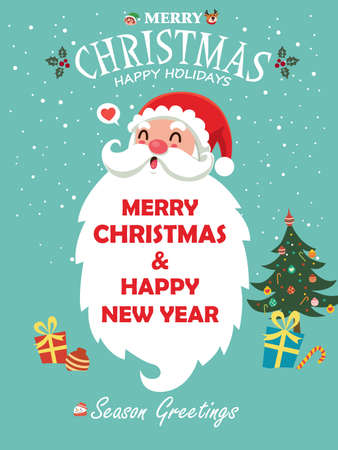 Vintage Christmas poster design with vector Santa Claus, elf, snowman, reindeer  characters.のイラスト素材