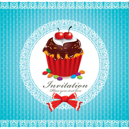 Illustration of a cupcake and a bow on a blue lace backgroundのイラスト素材