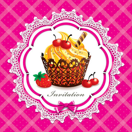 Cupcake with cherry on a pink background. Vector illustration.のイラスト素材