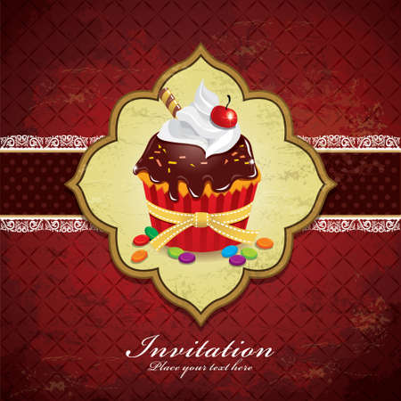 Vintage card with cupcake and candies. Vector illustration.のイラスト素材
