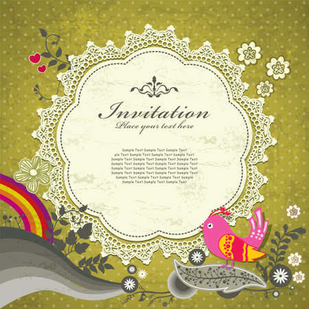 Vintage greeting card with bird and lace frame. Vector illustration.のイラスト素材