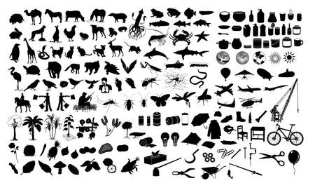 Set of black silhouettes of different types of animals on a white background.のイラスト素材