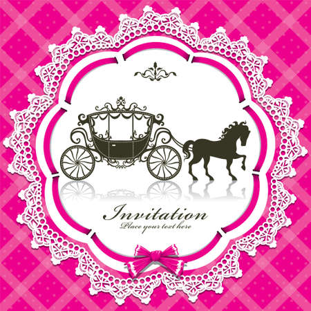 Wedding invitation card with horse drawn carriage. Vector illustration.のイラスト素材