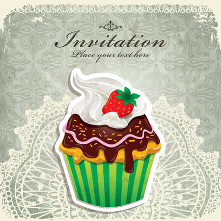 Vintage invitation card with cupcake and strawberry. Vector illustration.のイラスト素材