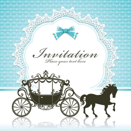 wedding card with carriage and blue bow, vector illustration.のイラスト素材