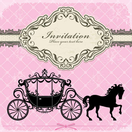 Vintage background with horse drawn carriage and frame. Vector illustration.のイラスト素材