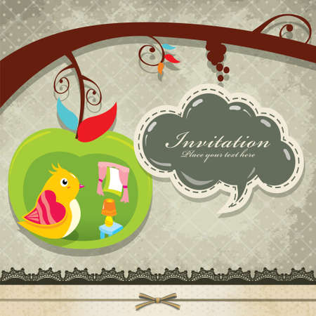 Vintage baby shower invitation card with cute bird. Vector illustration.のイラスト素材