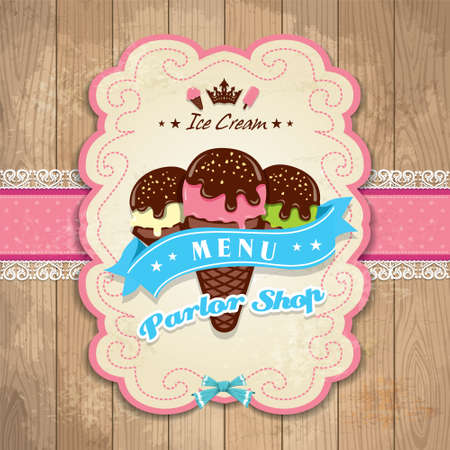 Vintage ice cream card on wooden background. Vector illustration EPS10のイラスト素材