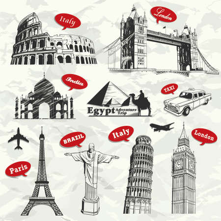 Vintage travel vacation labels with famous buildingのイラスト素材