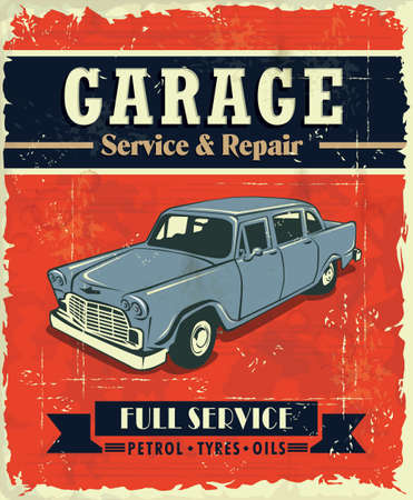Vintage car service poster design template with grunge background, vector illustrationのイラスト素材
