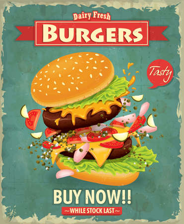 Burger poster with hand drawn lettering on grunge background vector illustrationのイラスト素材