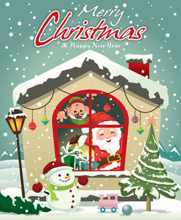 Merry Christmas and Happy New Year greeting card with Santa Claus, snowman and snowman in window. Vector illustrationのイラスト素材
