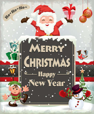 Merry Christmas and Happy New Year banner with Santa Claus and snowman illustrationのイラスト素材