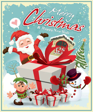 Christmas greeting card with Santa Claus and elf and gift box. Vector illustration.のイラスト素材