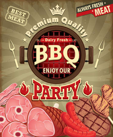 Vintage BBQ party menu poster design with sausage, meat, beef. chicken, baconのイラスト素材