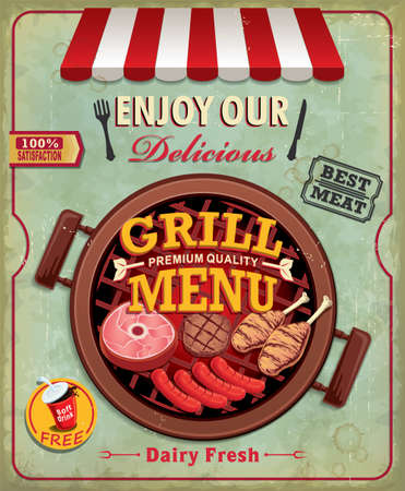 Vintage BBQ poster design with sausage, meat, chickenのイラスト素材