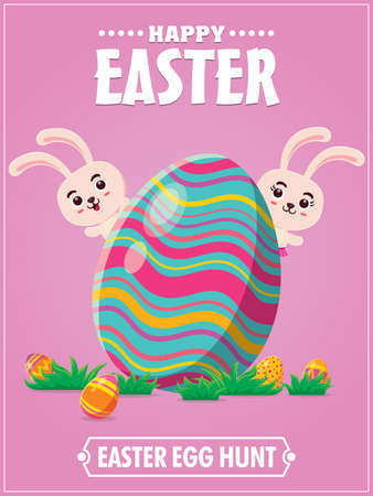 Vintage Easter Egg poster design with Easter bunnyのイラスト素材