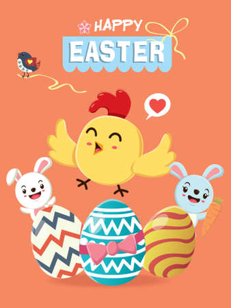 Vintage Easter Egg poster design with Easter rabbit, chick,のイラスト素材