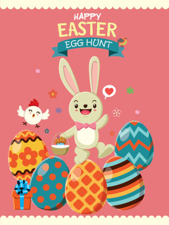 Vintage Easter Egg poster design with chicken, rooster, rabbitのイラスト素材