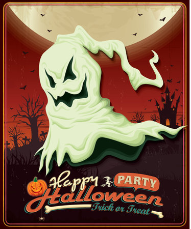 Vintage Halloween poster design with ghostのイラスト素材