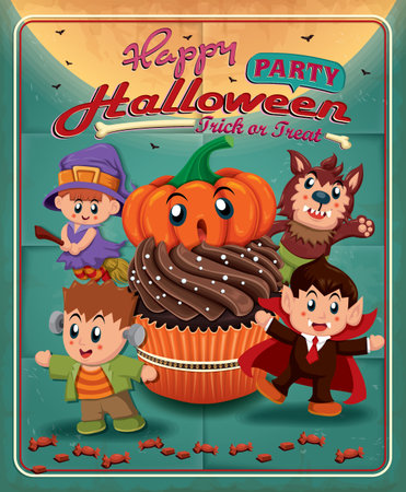 Vintage Halloween poster design with cupcake, kids in costumeのイラスト素材