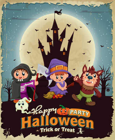 Vintage Halloween poster design with castle, kids in costumeのイラスト素材