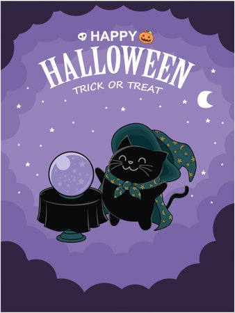 Vintage Halloween poster design with vector cat character.のイラスト素材