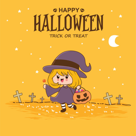 Vintage Halloween poster design with vector witch character.のイラスト素材