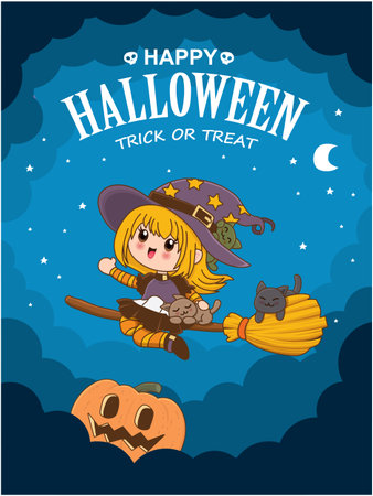 Vintage Halloween poster design with vector witch character.のイラスト素材