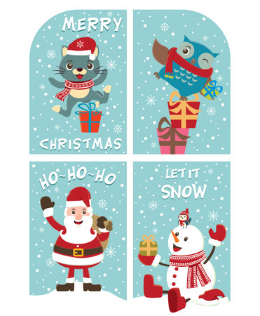 Merry Christmas and Happy New Year Greeting Card with Santa Claus, Snowman and Owl. Vector illustrationのイラスト素材