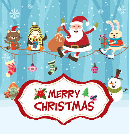 Merry Christmas and Happy New Year greeting card with Santa Claus, snowman, penguin, snowman, dog. Vector illustration.のイラスト素材