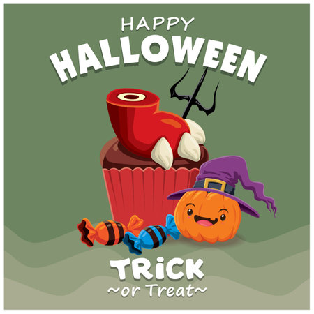 Vintage Halloween cupcake poster design with vector cupcake character.のイラスト素材