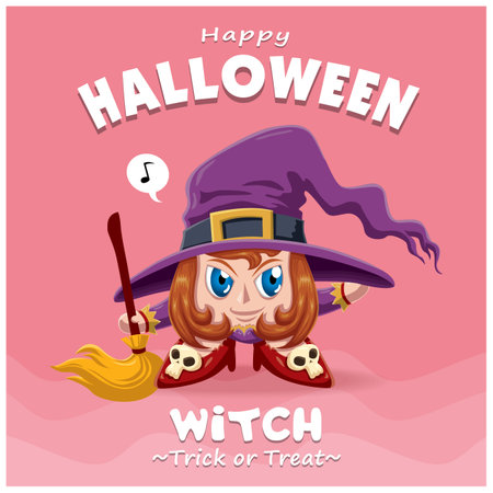 Vintage Halloween poster design with vector witch character.