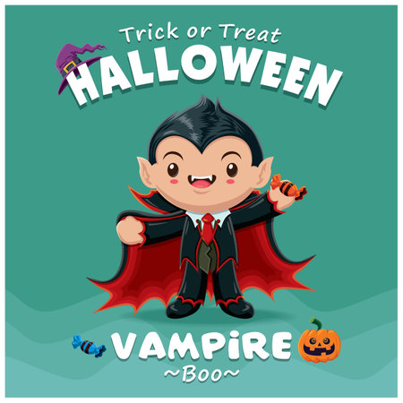 Vintage Halloween poster design with vector vampire character.のイラスト素材