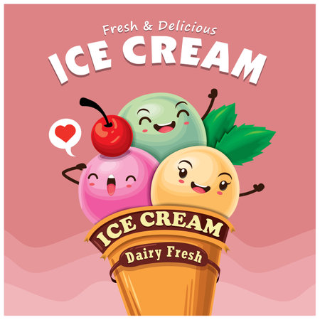 Cute ice cream poster design with funny cartoon ice cream character.のイラスト素材