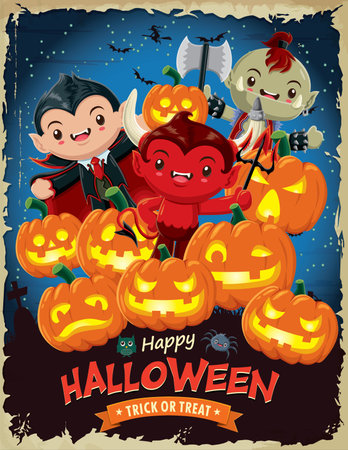 Vintage Halloween poster design with vector vampire, orc, demon character.のイラスト素材