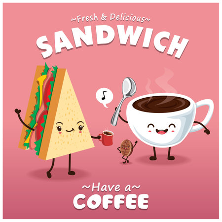 Vintage sandwich & coffee poster design with vector sandwich & coffee character.のイラスト素材