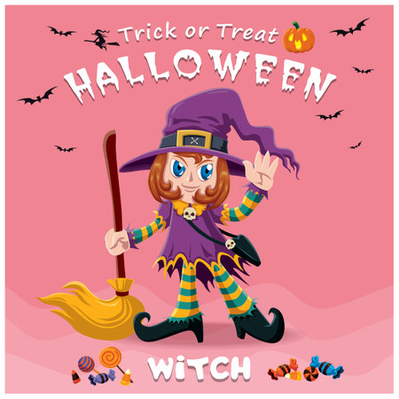 Vintage Halloween poster design with vector witch character.のイラスト素材