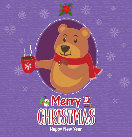 Vintage Christmas poster design with bearのイラスト素材